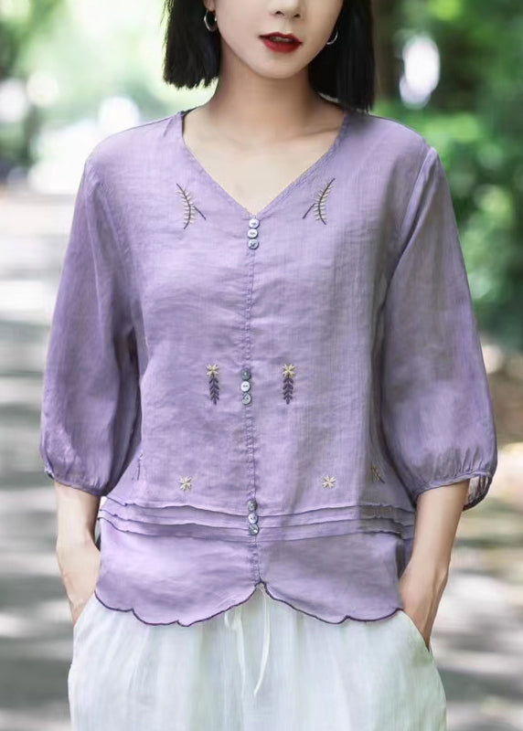 Pink V Neck Embroideried Wrinkled Ramie Tops Fall