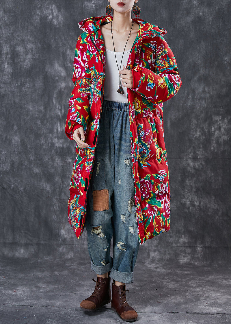 Art Red Hooded Print Fine Cotton Filled Witner Jacket Winter