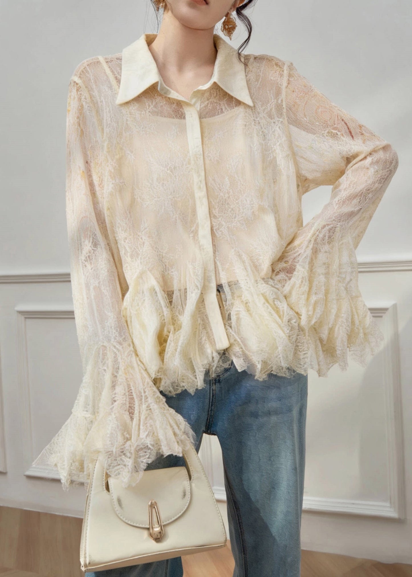 Apricot Peter Pan Collar Button Chiffon Shirt Spring
