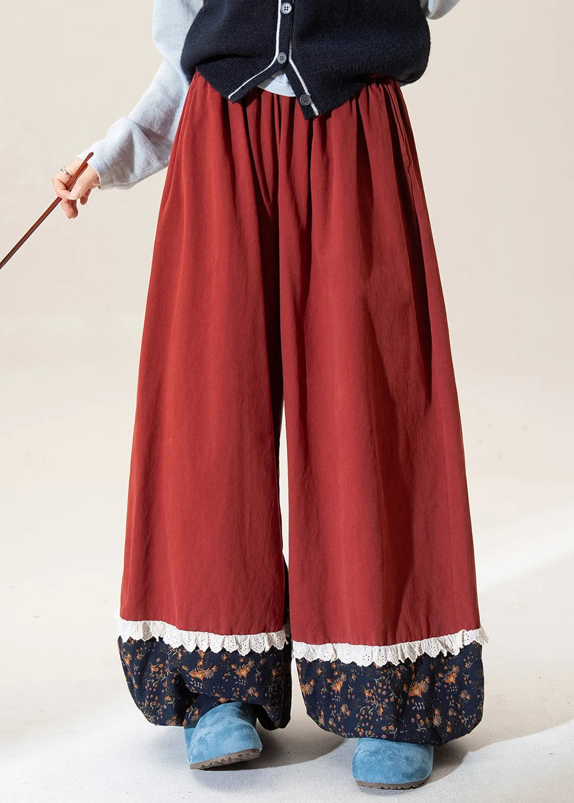 Khaki Print Patchwork Elastic Waist Cotton Pants Fall