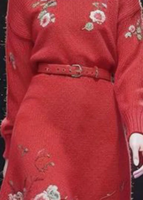 Vogue Red Turtleneck Sashes Cotton Knit Long Sweater Dress Winter