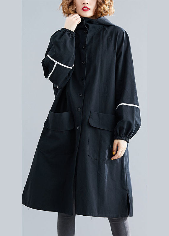 Classy Black Button Pockets Loose Fall Long Sleeve Hooded Coat