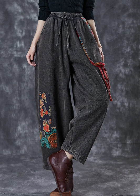 Black Oversized Patchwork Applique Denim Pants Summer