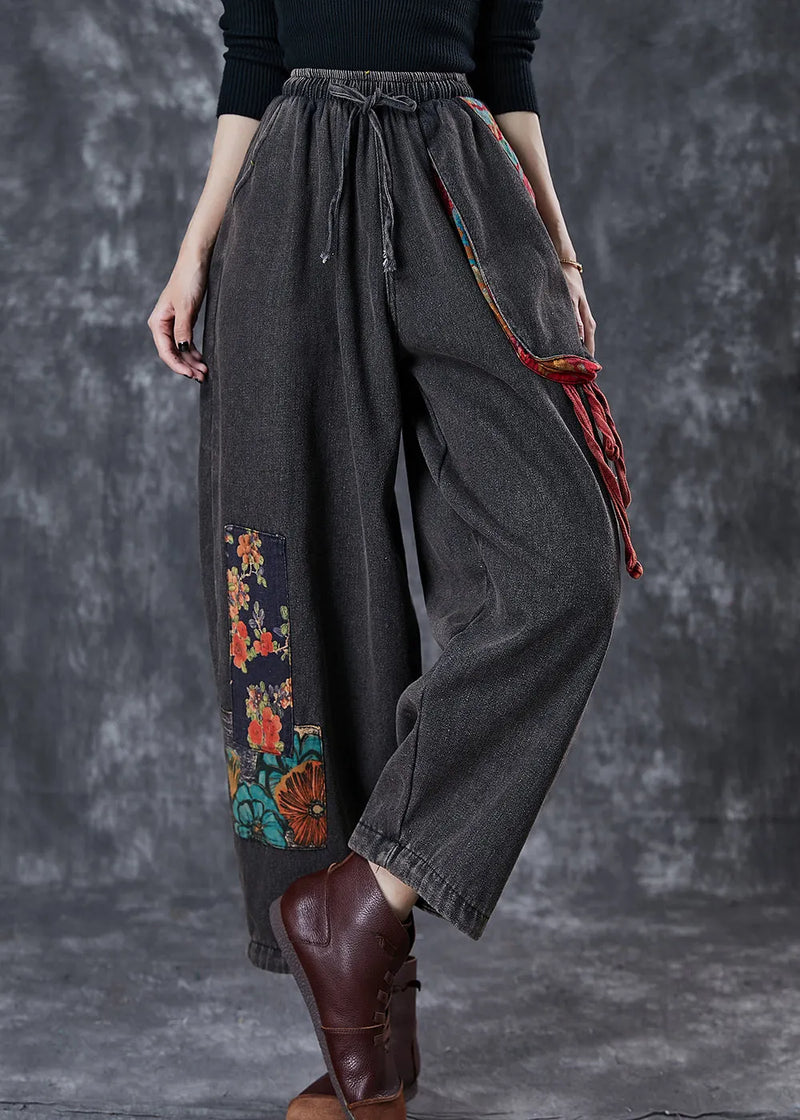 Black Oversized Patchwork Applique Denim Pants Summer