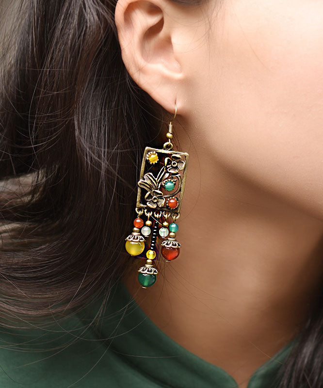 Multi Color Agate Metal Copper Tassel Drop Earrings