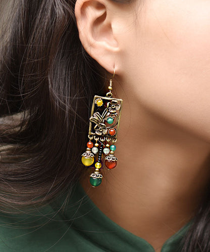 Multi Color Agate Metal Copper Tassel Drop Earrings