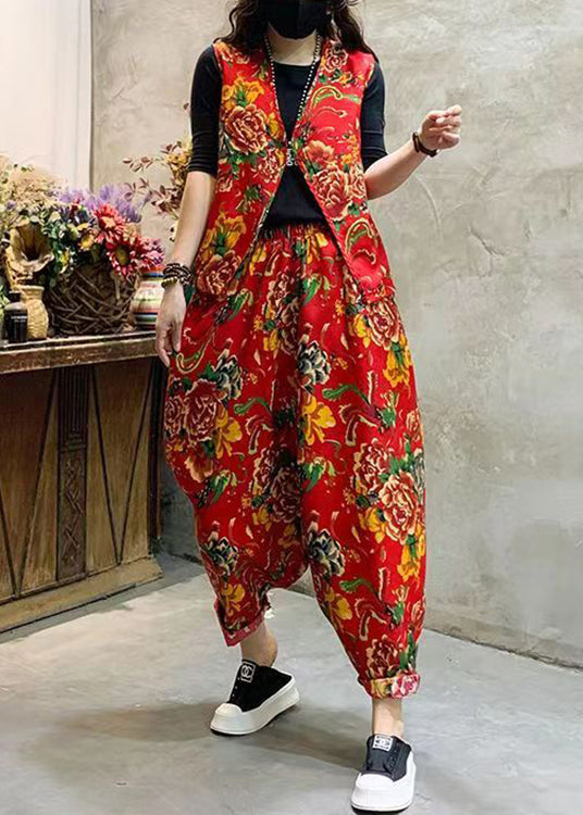 Red Print Elastic Waist Patchwork Cotton Two-piece Set Sleeveless