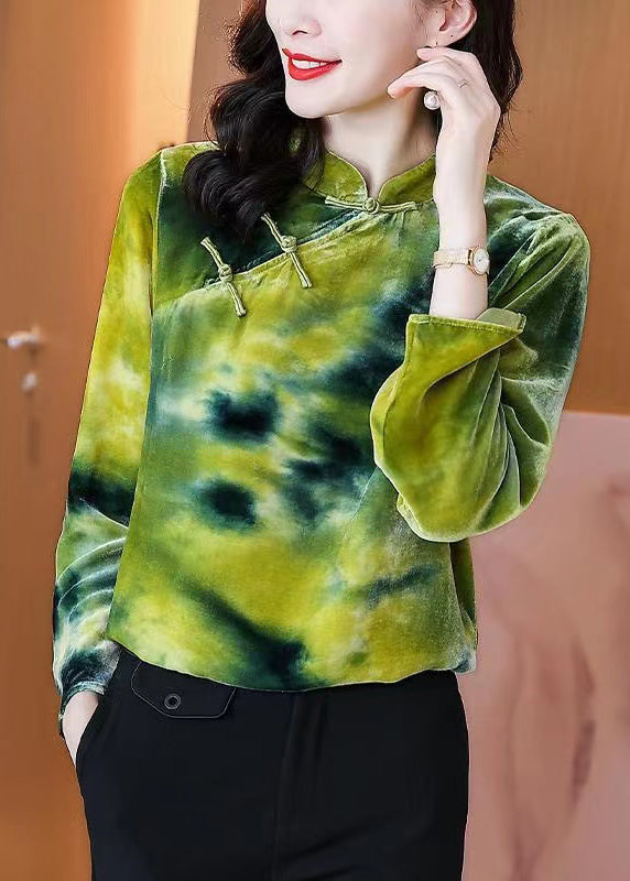 Green Button Mandarin Collar Velour Top Long Sleeve