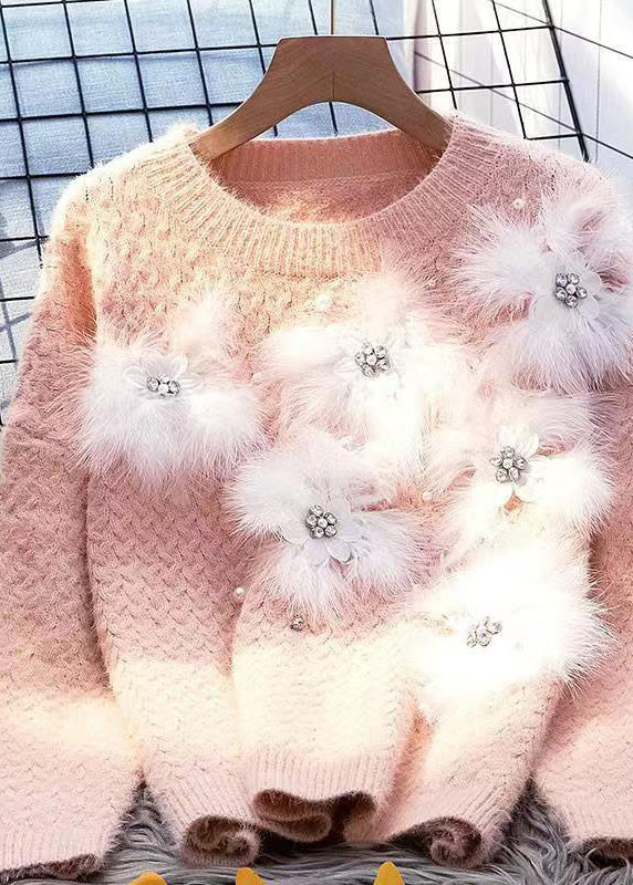 Blue O-neck Zircon Mink Hair Patchwork Thick Cotton Knit Sweater Winter