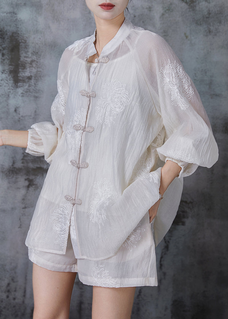 White Embroidered Chinese Button Chiffon Two Piece Set Summer