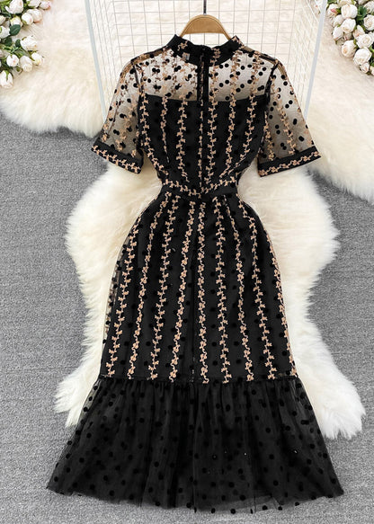 Black O-neck Dot Ruffled Tunic Tulle Long Fishtail Dress Short Sleeve