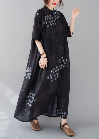 Black Stand Collar Oversized Print Chiffon Shirt Dresses Summer