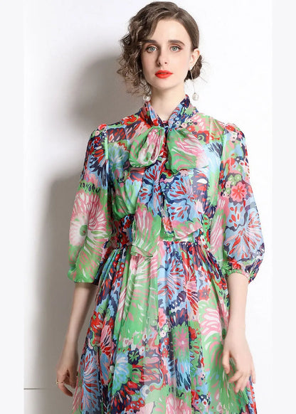 Green Zip Up Print Chiffon Cinch Dress Half Sleeve