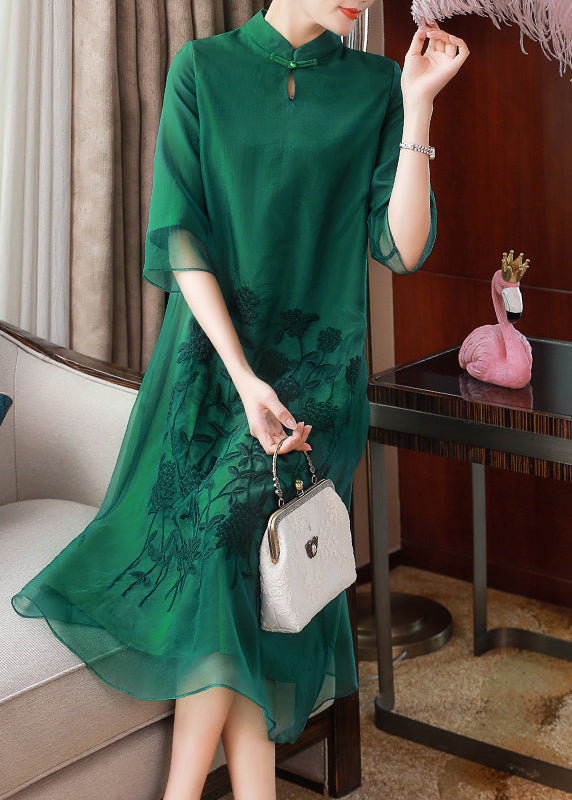 Green Stand Collar Embroideried Button Tulle Long Dresses Half Sleeve