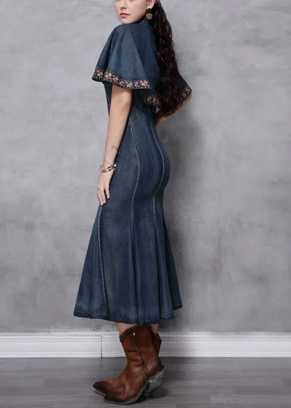Blue Mandarin Collar Ruffled Cotton Long Denim Dress Cloak Sleeve