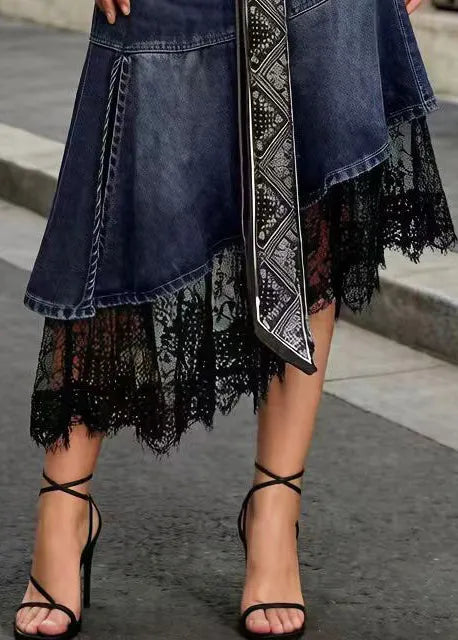 Denim Blue Patchwork Lace Skirt Low High Design Summer