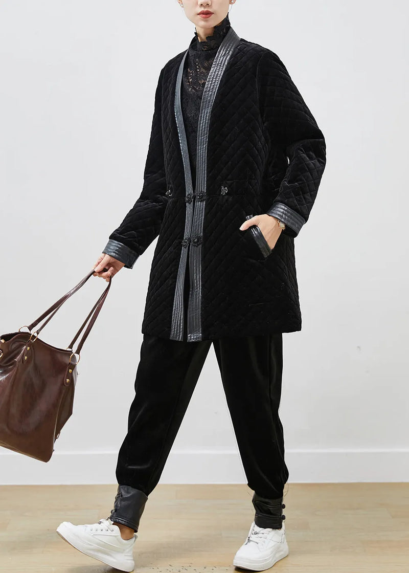 Black Chinese Button Patchwork Silk Velour Coat Winter