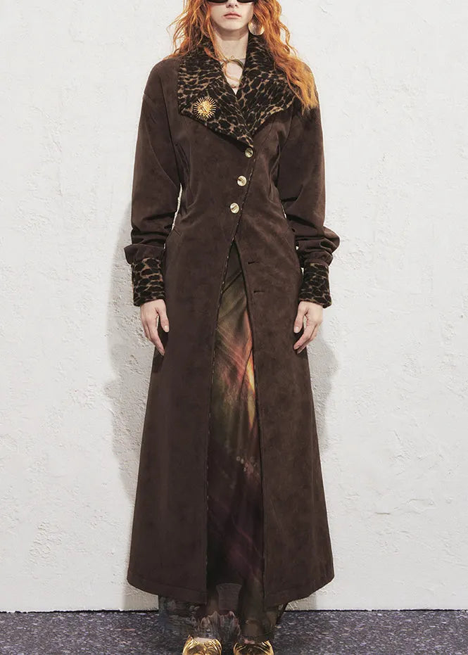 Chocolate Leopard Tie Waist Faux Suede Long?trench?coat Winter