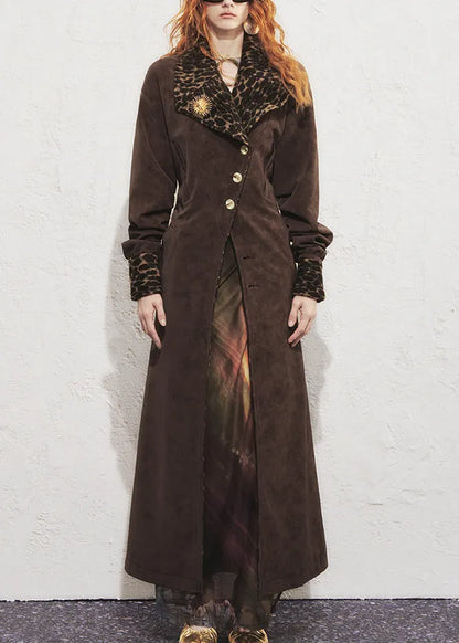 Chocolate Leopard Tie Waist Faux Suede Long?trench?coat Winter