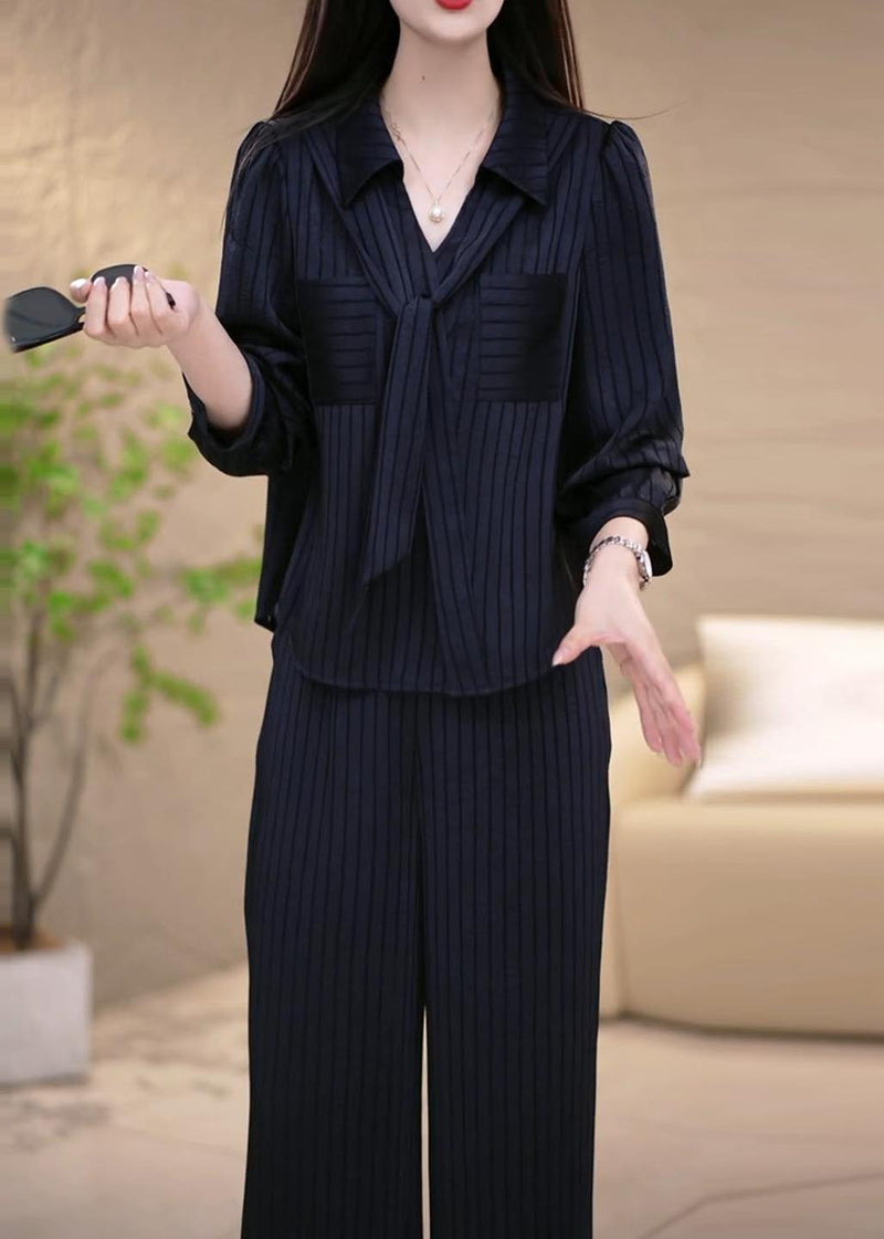 Navy Striped Draping Spandex Two Pieces Set Fall