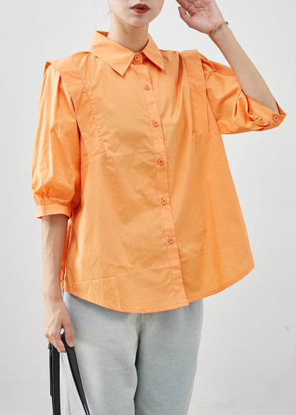Orange Peter Pan Collar Patchwork Cotton Shirts Half Sleeve