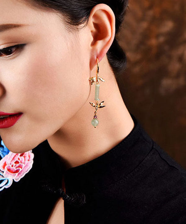 Green Jade Bamboo 14k Gold Tassel Drop Earrings