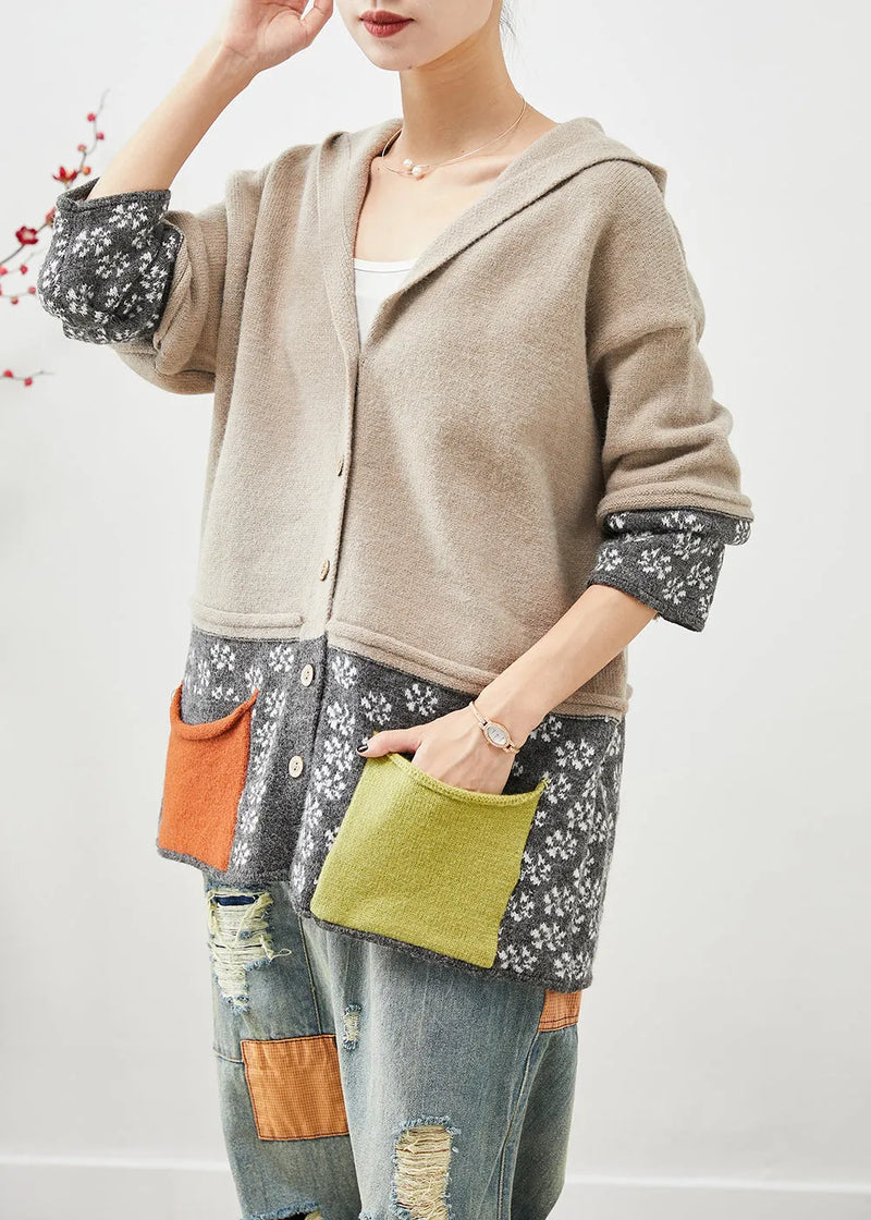Khaki Hooded Patchwork Pockets Knit Coat Fall