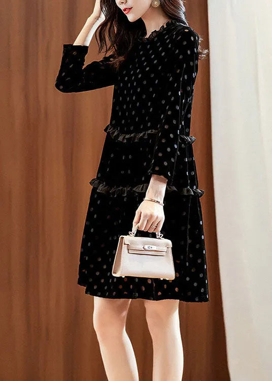 Black Dot Print Patchwork Velour Dress Spring