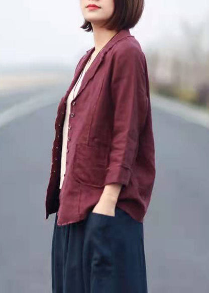 Khaki Patchwork Spring Linen Long Sleeve Tops
