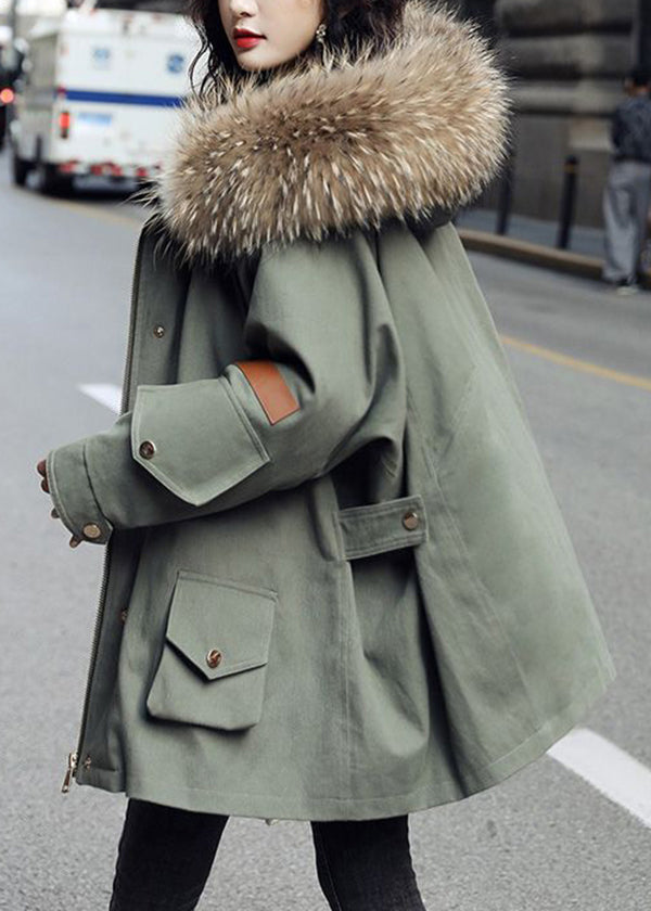 Army Green Zip Up Fur Collar Cotton Blend Puffer Parka Jacket Winter
