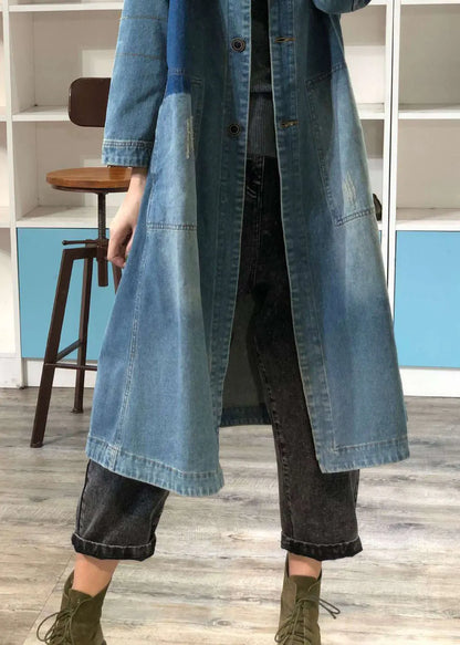 Loose Blue O-neck Button Patchwork Denim Coat Outwear Fall