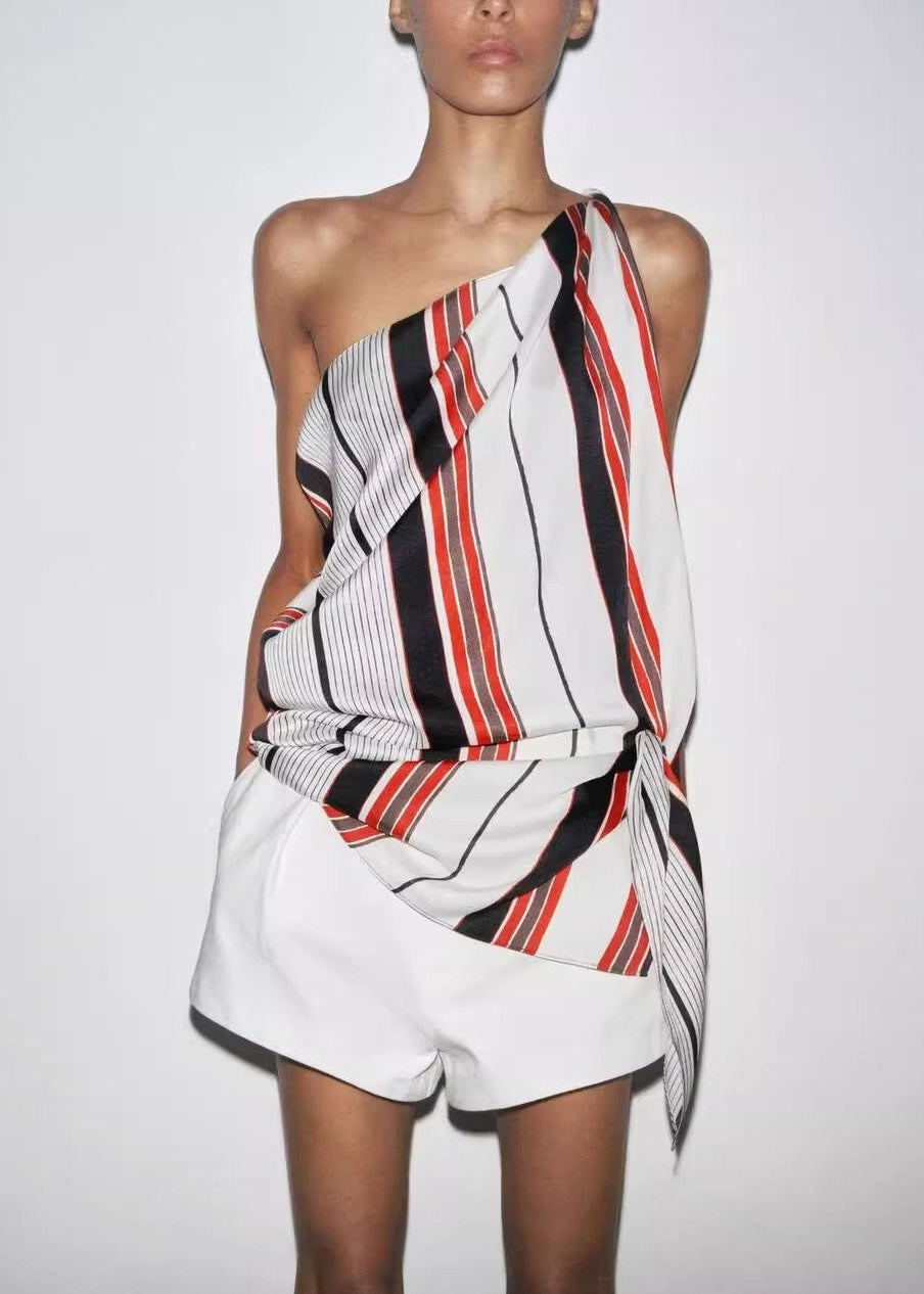 Asymmetrical Striped Tie Waist Shirt Sleeveless