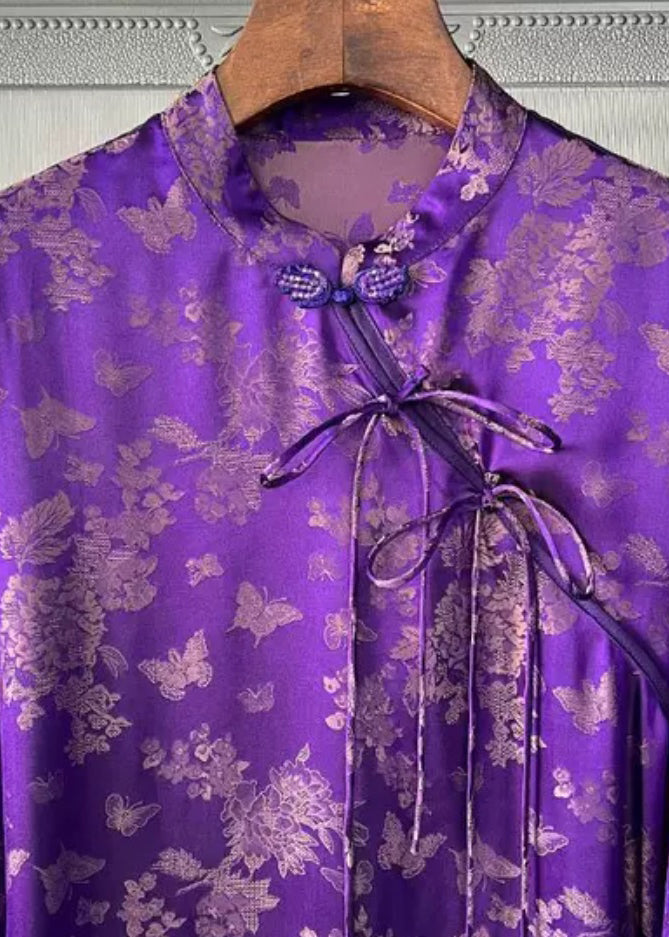 French Purple Stand Collar Print Bow Silk Shirt Tops Long Sleeve