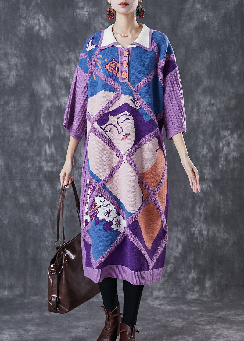 Purple Peter Pan Collar Print Knit Long Sweater Half Sleeve