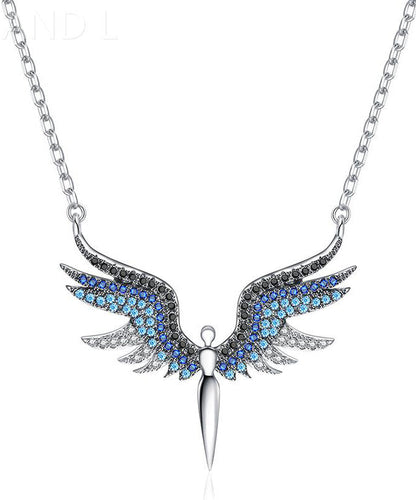 Blue Zircon Wing Metal Pendant Necklace