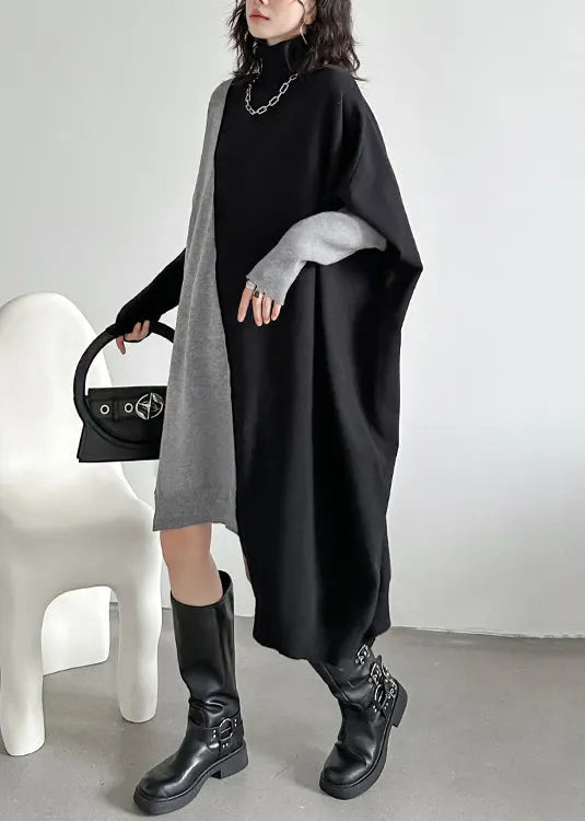 Black Asymmetrical Patchwork Knit Sweater Dress Turtleneck Winter