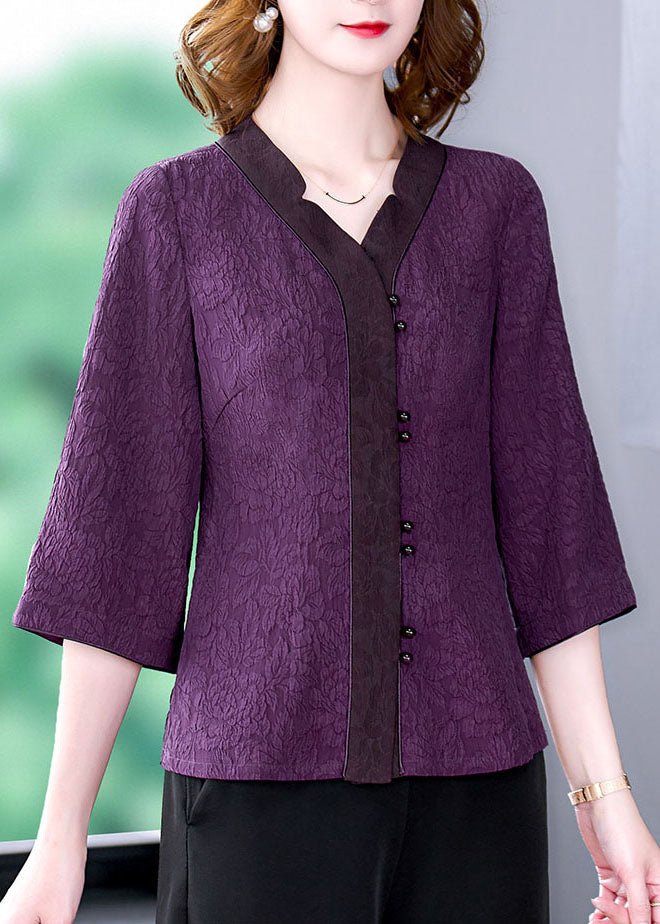 Purple V Neck Jacquard Patchwork Silk Shirts Bracelet Sleeve