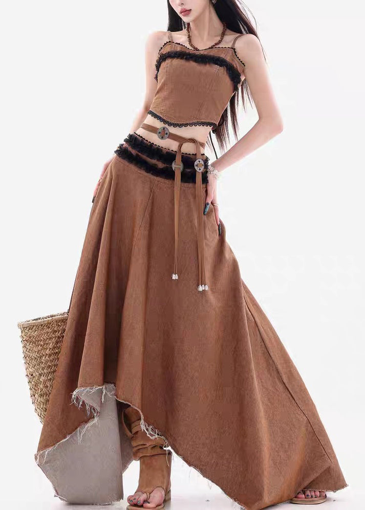 French Coffee Lace Tank and Skirts Denim Two Pieces Set Sleeveless