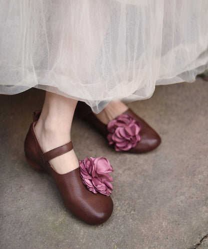 Apricot Cowhide Leather Flat Shoes Splicing Buckle Strap