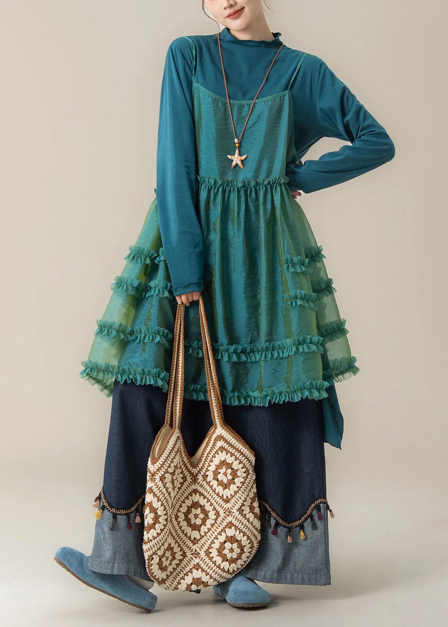 Blue Ruffled Spaghetti Strap Dress T Shirt and Pants Three Piece Suit Set Spring
