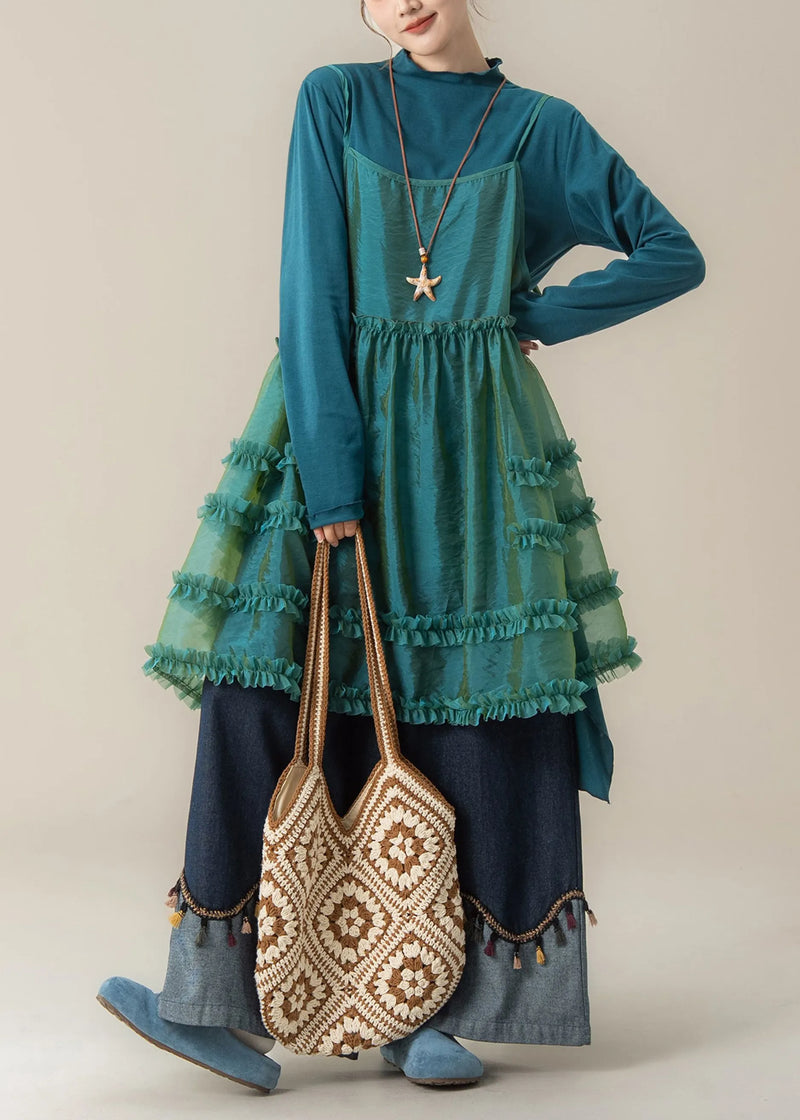 Blue Ruffled Spaghetti Strap Dress T Shirt and Pants Three Piece Suit Set Spring