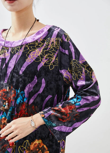 Black Print Silk Velour Mid Dress O-neck Fall