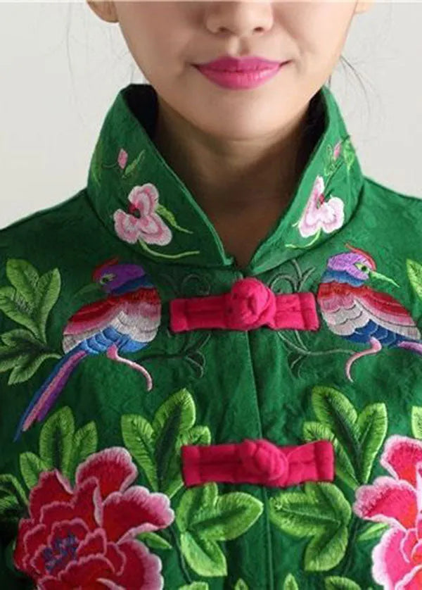 Green Stand Collar Embroideried Cotton Jacket Fall