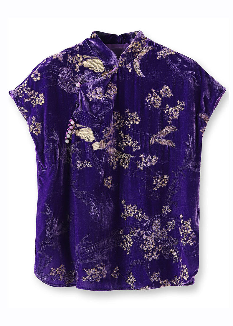Purple Embroideried Nail Bead Button Silk Velour Shirt Short Sleeve