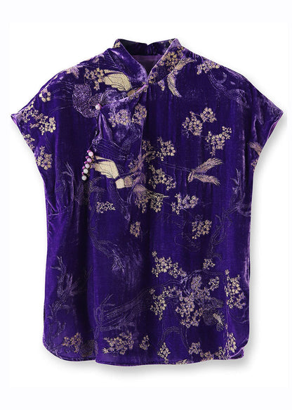 Purple Embroideried Nail Bead Button Silk Velour Shirt Short Sleeve