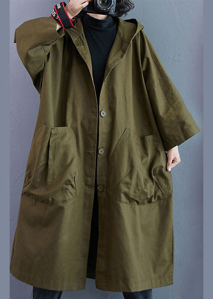 Army Green Pockets Button Fall Hooded Long Sleeve Trench Coats