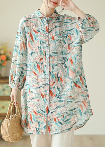Peter Pan Collar Print Button Cotton Blouses Long Sleeve