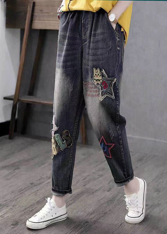 Blue Embroideried Pockets Patchwork High Waist Denim Pants Spring