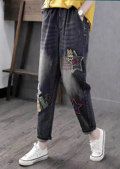 Blue Embroideried Pockets Patchwork High Waist Denim Pants Spring