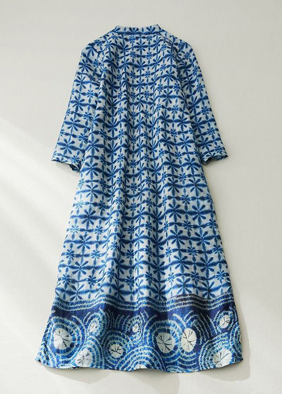 Chinese Style Blue Button Print Pockets Linen Dresses Half Sleeve Summer